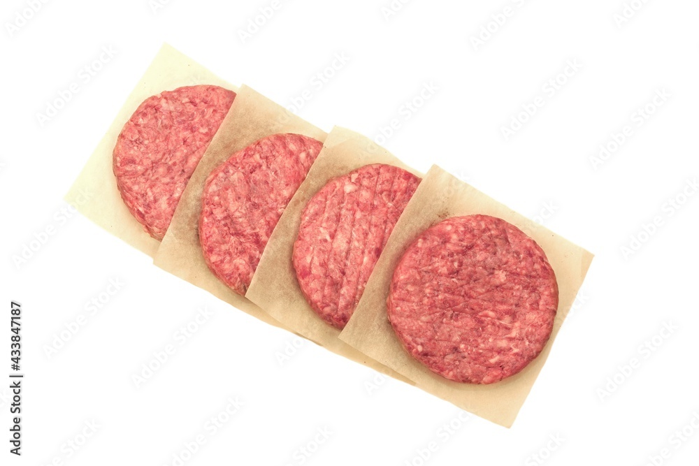 Raw Minced Steak Burgers from Beef and Pork Meat Isolated on White Background, Overhead View. Uncooked Round Patties for Grilling from Ground Beef And Pork. Homemade Burgers For BBQ Grill, Top View. Raw Minced Steak Burgers from Beef and Pork Meat Isolated on White Background, Overhead View. Uncooked Round Patties for Grilling from Ground Beef And Pork. Homemade Burgers For BBQ Grill, Top View.