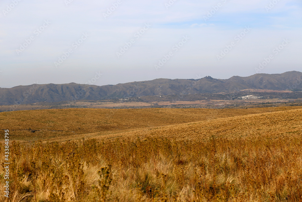 Mountains and grasslands landscape. Fall. Blue sky. Plains and valleys. Yellow grasslands. Cordoba, Argentina.