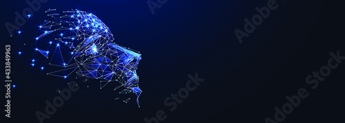 Artificial intelligence in humanoid head. AI with Digital Brain, big data, analysis information. Face of cyber mind. Technology background concept. Blue background, vector 3d. Digital polygonal 