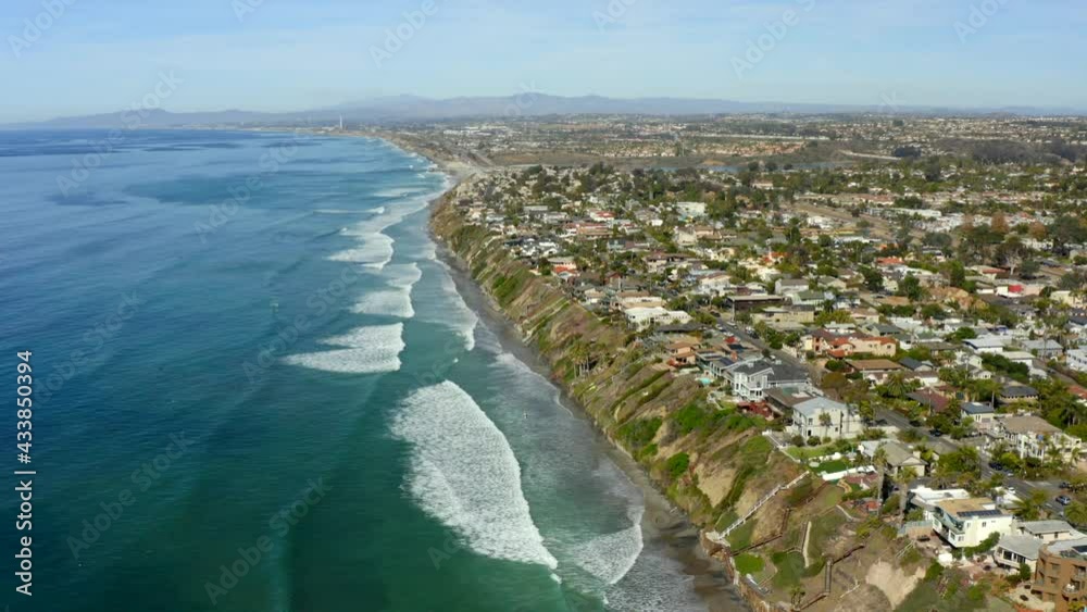 Aerial view of San diego Coast line along Leucadia Encinitas with the cliffs and Pacific Ocean on a sunny day in San diego California