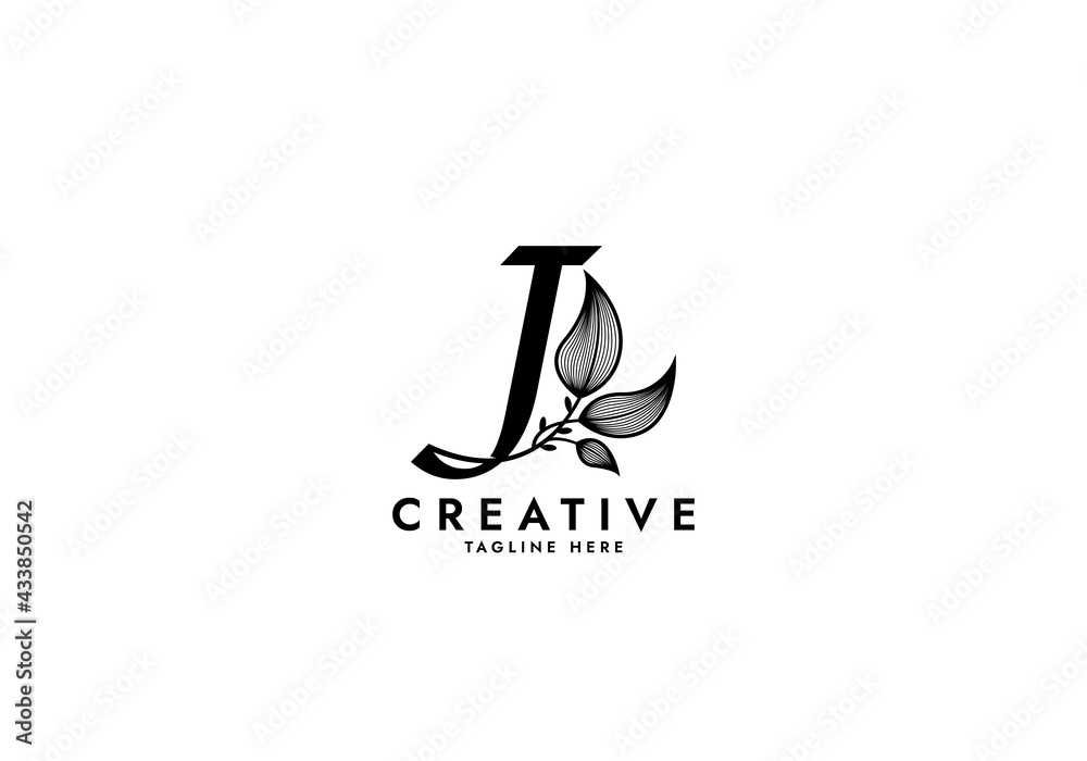 Letter J Linked Leaf Logo, Black color, unique design Letter J Linked Leaf Logo, Black color, unique design