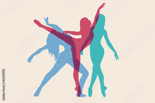 Abstract background with woman dancers. Overlapping, prin over effect. Outline of women athlete in motion. Vector.