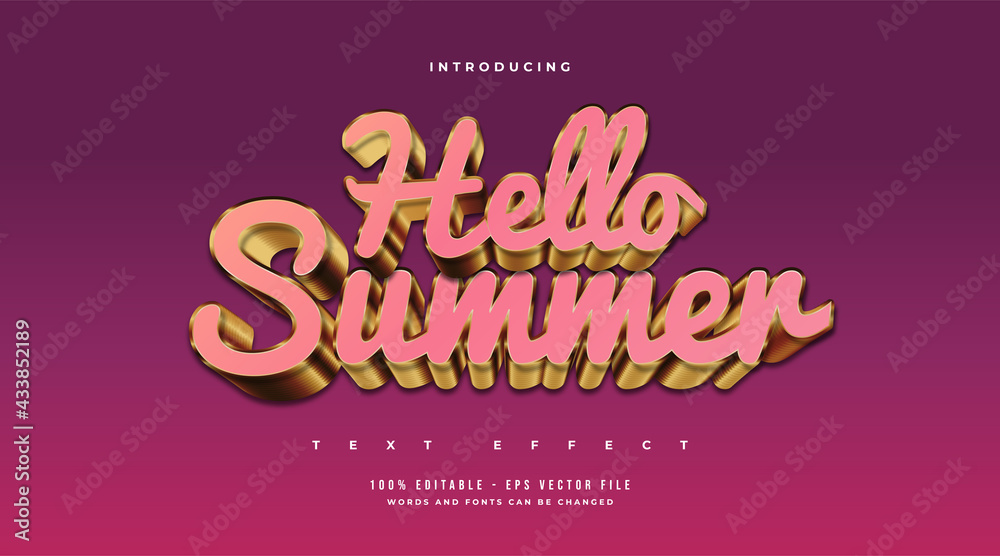 Hello Summer Text in Pink and Gold Style with 3d Embossed Effect. Editable Text Style Effect