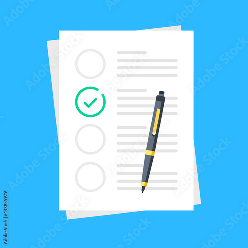 Checklist. Document with green check marks and pen. Modern flat design graphic elements. Vector illustration