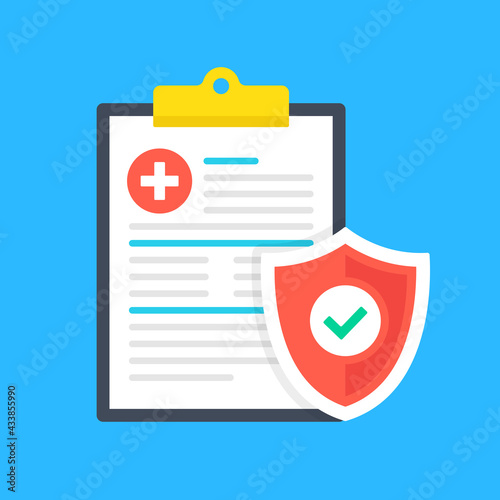 Health insurance. Clipboard with medical document and shield with check mark. Medical insurance benefits. Modern flat design graphic elements. Vector illustration