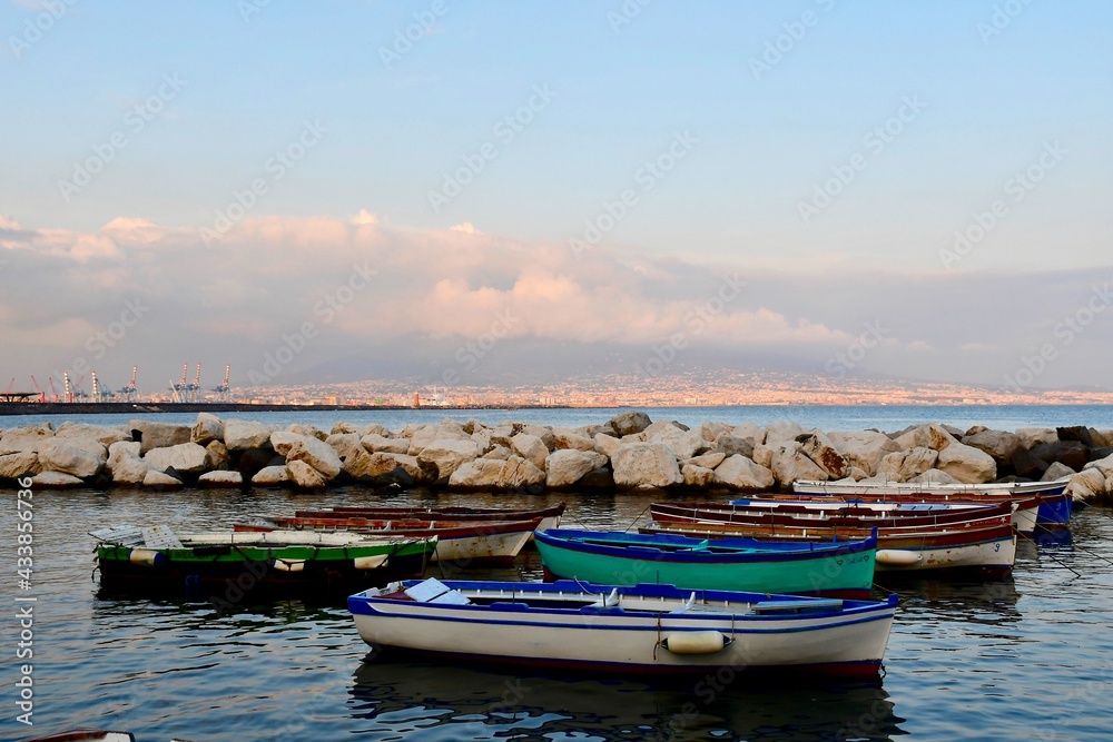 Colorful Rowboats in Mediterannean Sea in Naples Harbor