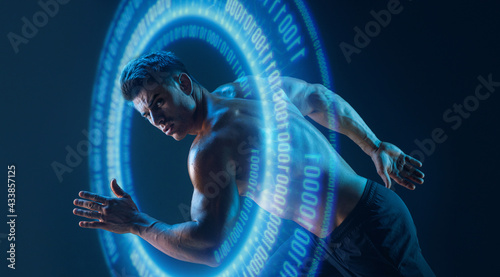 Fototapeta Naklejka Na Ścianę i Meble -  Muscular model sports young man  on virtual reality dark background. Blue neon light. Futuristic holographic interface to display data. Augmented reality, future technology, game, vr concept.