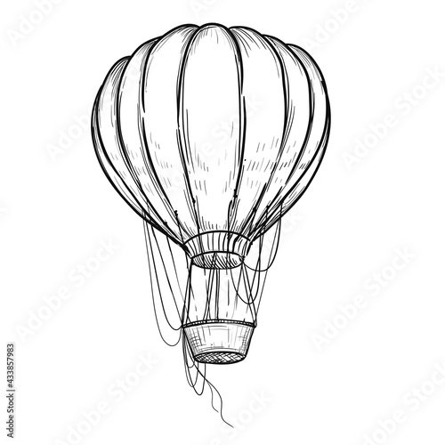 Hand drawn sketch black and white vintage hot air balloon. Vector illustration. Elements in graphic style label, card, sticker, menu, package. Engraved style.
