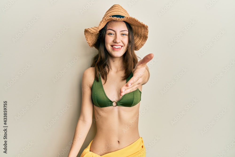 Young brunette woman wearing bikini smiling friendly offering handshake as greeting and welcoming. successful business. Young brunette woman wearing bikini smiling friendly offering handshake as greeting and welcoming. successful business.