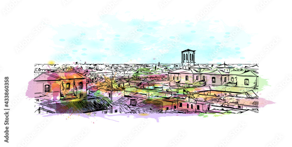Building view with landmark of Ferrara is a city in Italy. Watercolor splash with hand drawn sketch illustration in vector. - obrazy, fototapety, plakaty 
