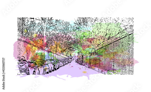 Building view with landmark of Ferrara is a city in Italy. Watercolor splash with hand drawn sketch illustration in vector.