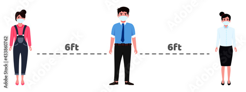 Young happy businessman and businesswoman characters team wearing beautiful colorful outfits and facial mask standing and keeping social distance isolated and posing waving