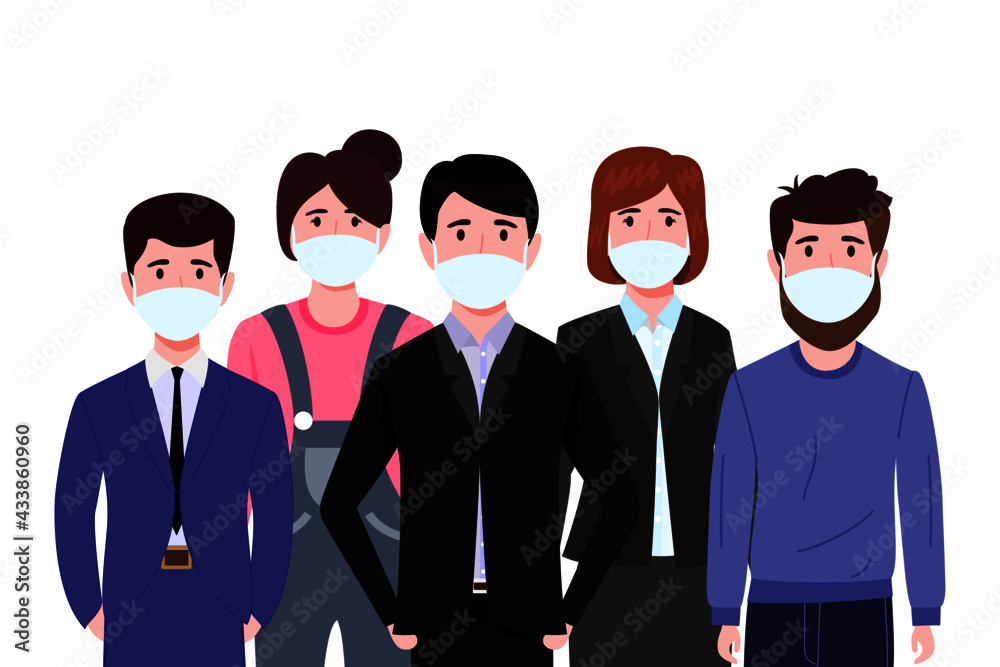 Young happy businessman and businesswoman character team wearing beautiful outfits and facial mask standing and posing colorful Young happy businessman and businesswoman character team wearing beautiful outfits and facial mask standing and posing colorful