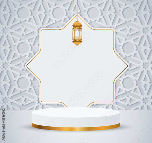 3d ramadan kareem white background  golden lamp and podium,illustration EPS10.