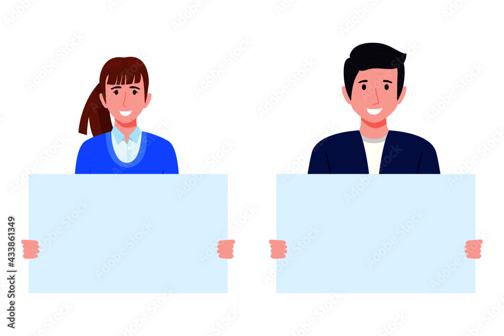 Young happy businessman and businesswoman character team wearing beautiful colorful outfits and facial mask standing and holding rectangle shape blank placard with cheerful expression isolated Young happy businessman and businesswoman character team wearing beautiful colorful outfits and facial mask standing and holding rectangle shape blank placard with cheerful expression isolated