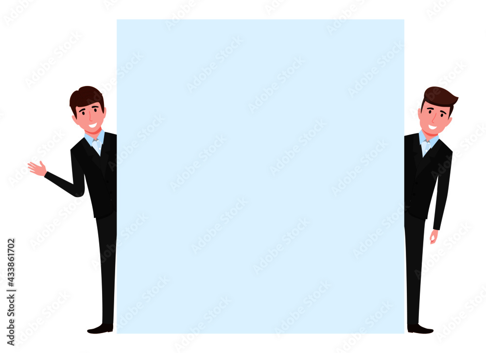 Young happy cute businessman characters standing behind blank placard and waving Young happy cute businessman characters standing behind blank placard and waving