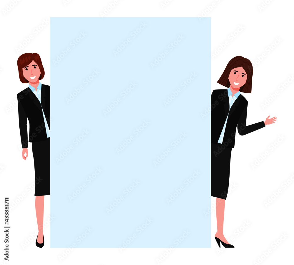 Young happy cute businesswoman characters standing behind blank placard and waving Young happy cute businesswoman characters standing behind blank placard and waving