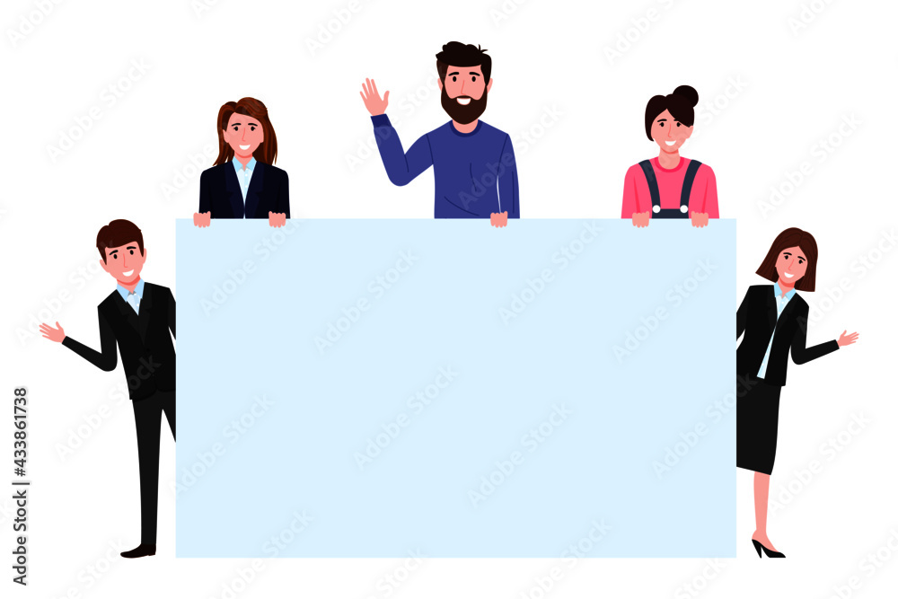 Young happy cute businessman and businesswoman characters standing behind blank placard and waving Young happy cute businessman and businesswoman characters standing behind blank placard and waving