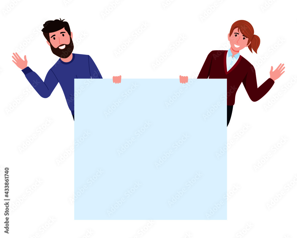 Young happy cute businessman and businesswoman character standing behind blank placard and waving Young happy cute businessman and businesswoman character standing behind blank placard and waving