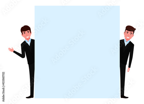Young happy cute businessman characters standing behind blank placard and waving