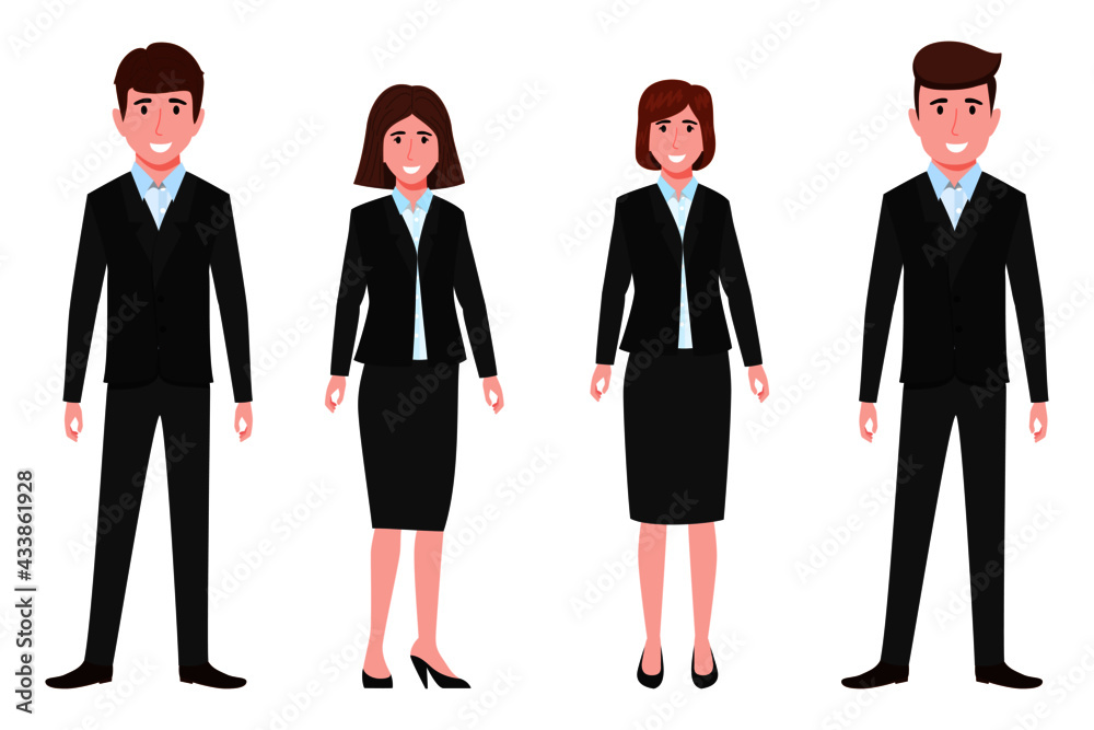 Young happy businessman and businesswoman character team wearing beautiful outfit standing and posing isolated Young happy businessman and businesswoman character team wearing beautiful outfit standing and posing isolated