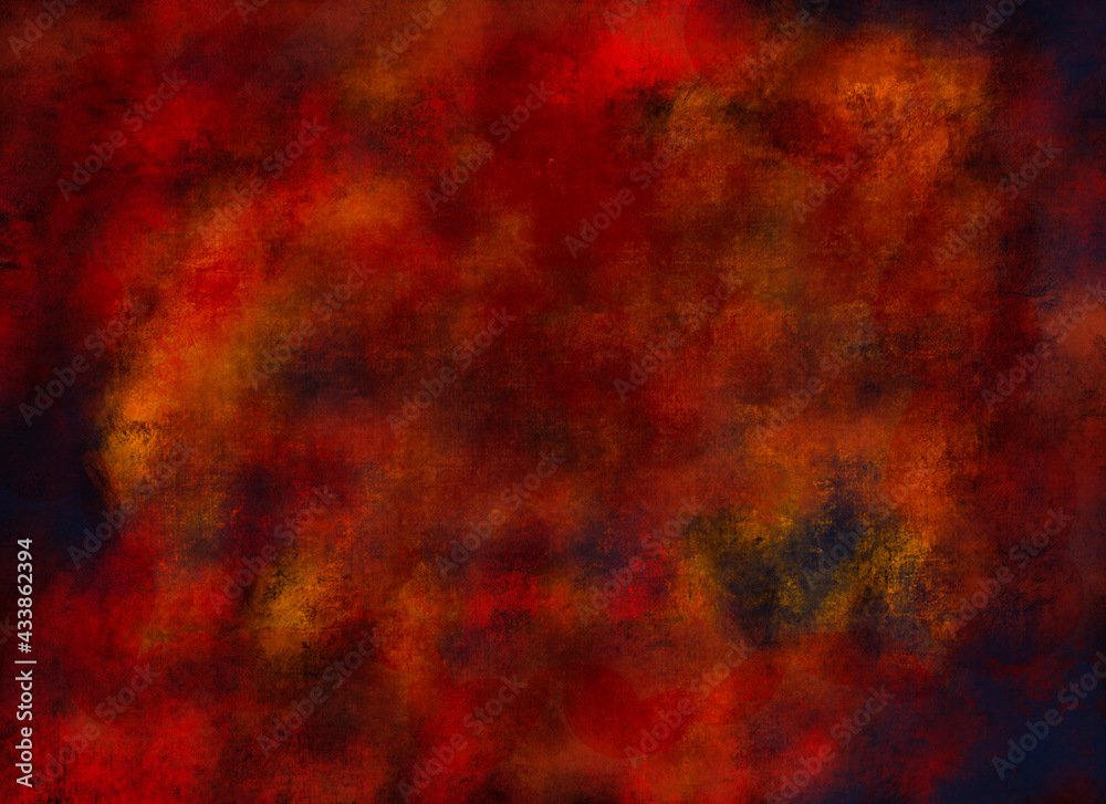 Red abstract background with grunge elements. Fire look with black nebula textures. digital painted background illustration