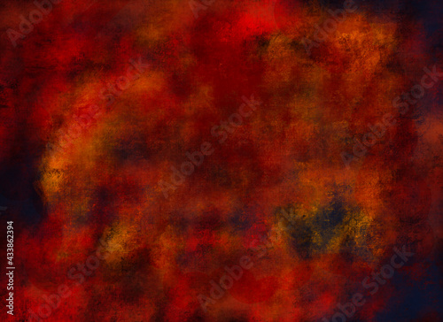 Red abstract background with grunge elements. Fire look with black nebula textures. digital painted background illustration