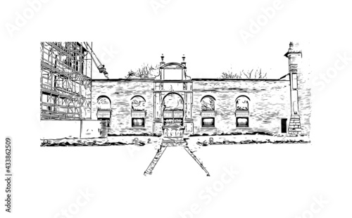 Building view with landmark of Ferrara is a city in Italy. Hand drawn sketch illustration in vector.