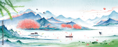 Outdoor scenery full of flowers.Oriental ink painting，green Mountain ink illustration