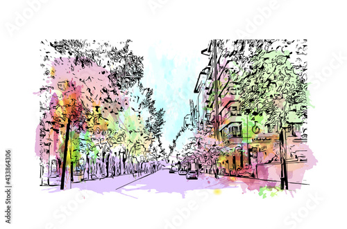 Building view with landmark of Fes is the 
city in Morocco. Watercolor splash with hand drawn sketch illustration in vector.