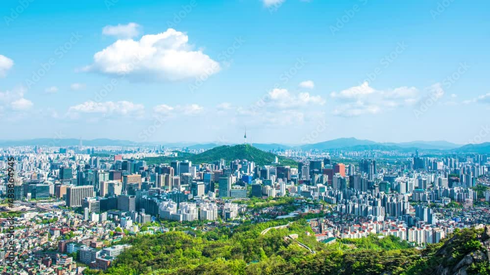 Time lapse day time and Blue sky in Seoul, South Korea. View from inwangsan mountain