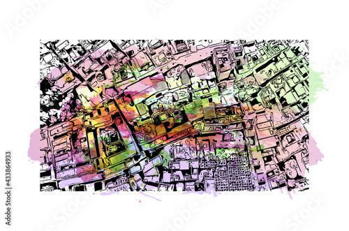 Building view with landmark of Fes is the 
city in Morocco. Watercolor splash with hand drawn sketch illustration in vector.