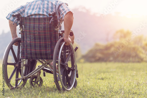 Disabled handicapped man is sitting in wheelchair during walk on mountain park in sunny day.