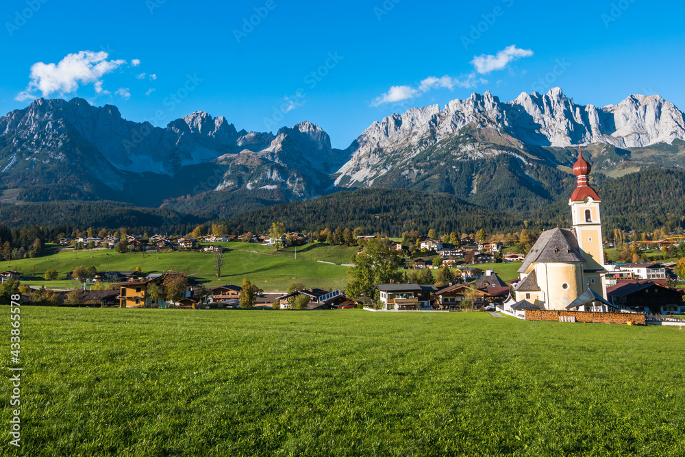 Beautiful view of Heiliges Kreuz Church and Going am Wilden Kaiser village - Tyrol, Austria