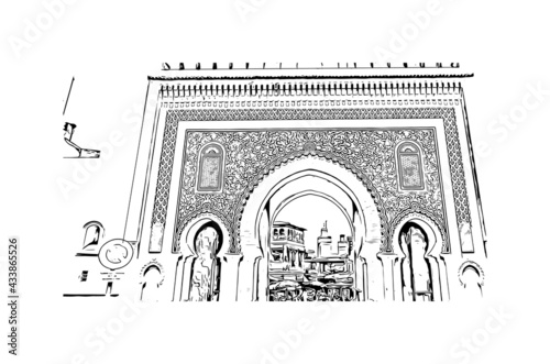 Building view with landmark of Fes is the 
city in Morocco. Hand drawn sketch illustration in vector.