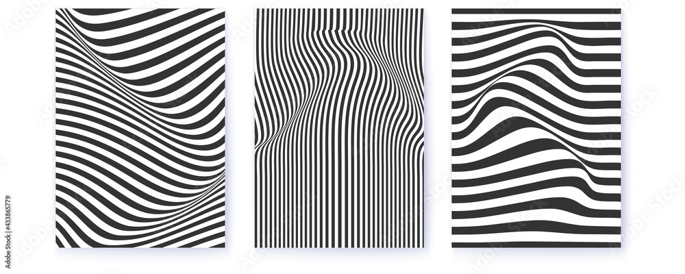 Set of layouts with distorted wavy lines. Monochrome pattern with flowing stripes. Optical minimalistic background. Vector illustration. Poster templates.