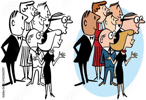 A vintage retro cartoon of a group of people all looking at something interesting. 