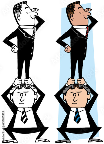A vintage retro cartoon of a businessman standing on the shoulders of another man to achieve success. 