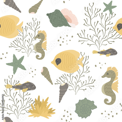 Seamless childish pattern with sea life     fish  seaweeds  seahorse  starfish  shells  Seahorse. Perfect for kids fabric  textile  nursery wallpaper.