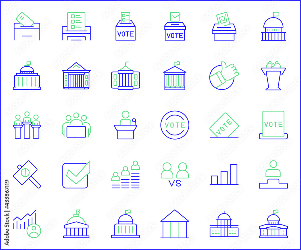 Set of vote and politics Icon line style. Contains such Icons as democracy, government, tribune, president, protest, voting, polls And Other Elements. customize color, easy resize.