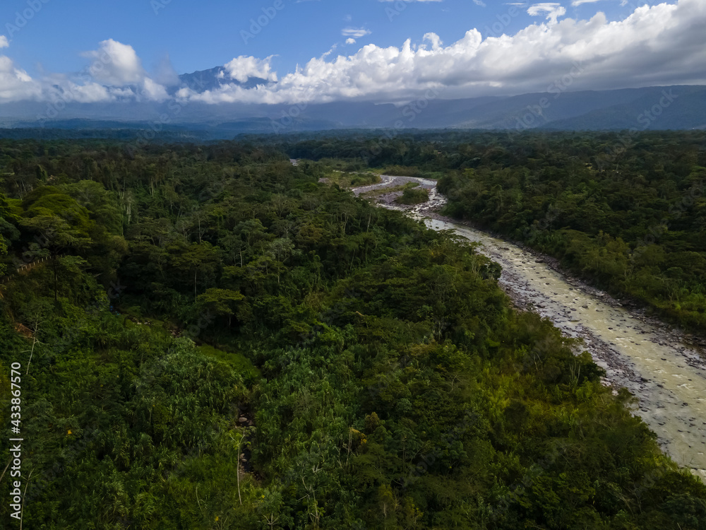 Beautiful aerial view of the Guapiles town and river in Limon Costa Rica