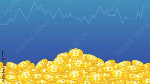 折線グラフと、山積みになり輝くゴールドのコインのイラスト背景素材　ビットコイン　16:9