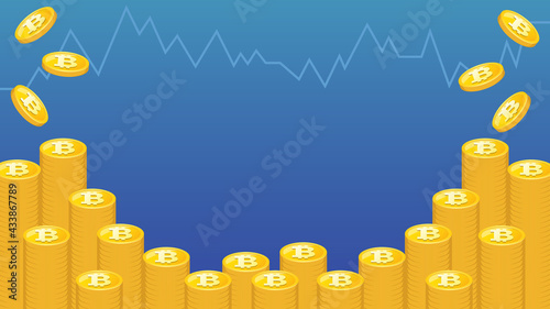 折線グラフと、積み重なり輝くゴールドのコインのイラスト背景素材　ビットコイン　16:9