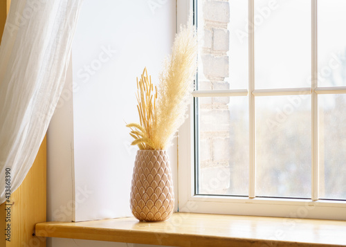 Reed plume stem, vase with dry flower on window, dried pampas grass. Decorative flower arrangement in home interior, trendy home decor in summer light