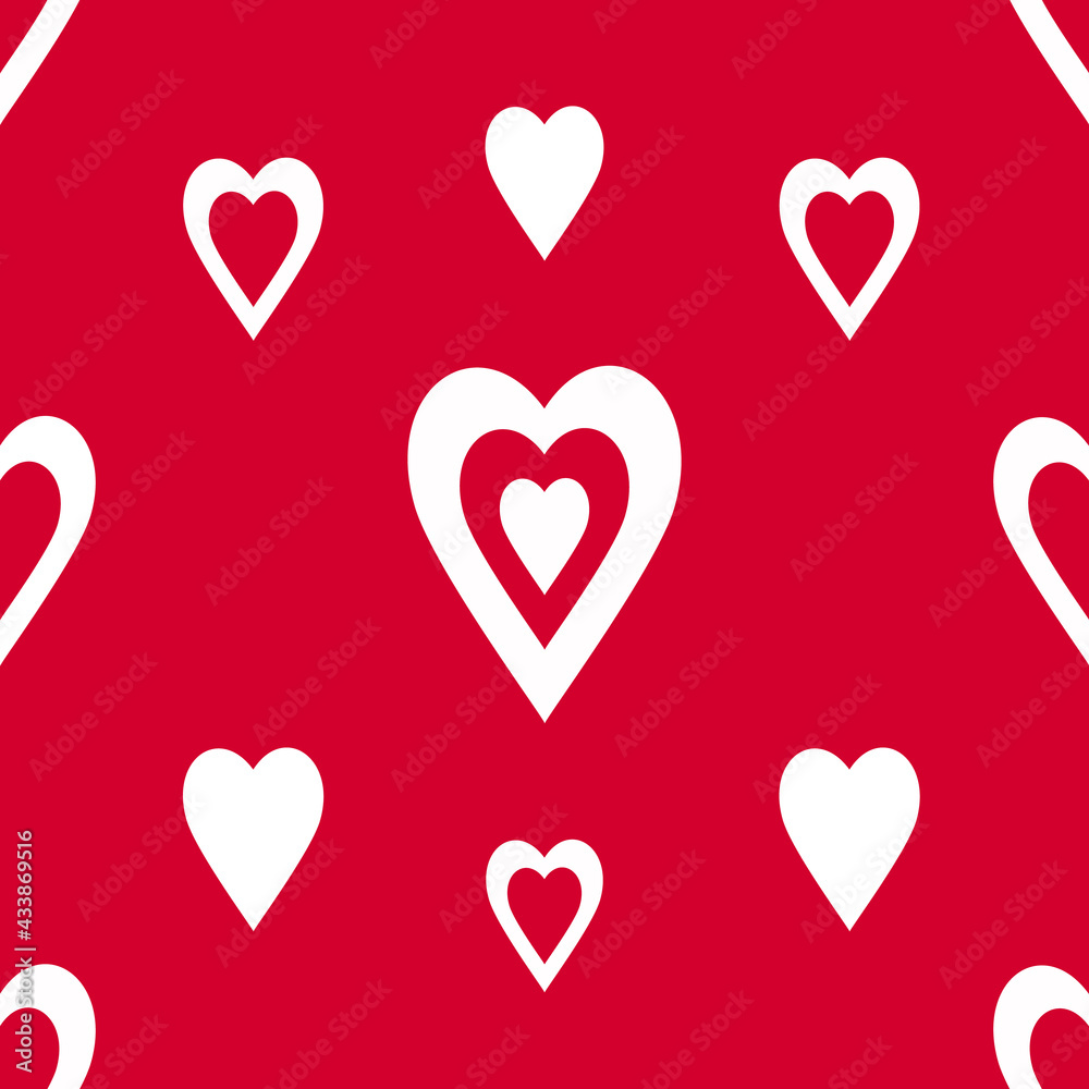 Vector seamless pattern with hearts on red background, pattern for fabric, wrapping paper