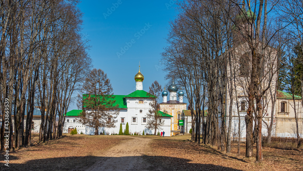 Ancient walls and temples of the Borisoglebsky Monastery, located in the Yaroslavl region of Russia.