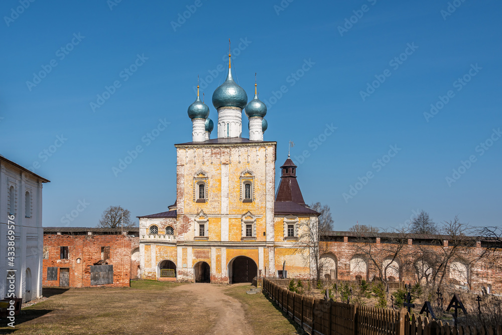 Ancient walls and temples of the Borisoglebsky Monastery, located in the Yaroslavl region of Russia.