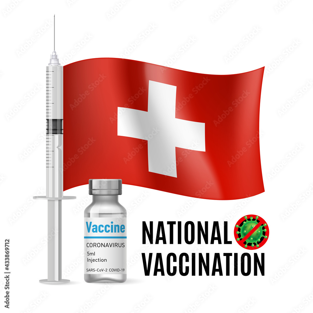 Flag of Switzerland with Vaccine Immunization Syringe and the Vial of Antibiotic for Vaccination
