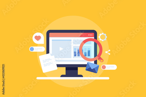 SEO and social media marketing, research data, web analytics, online business promotion, content marketing business communication concept. Flat design web banner with yellow background.