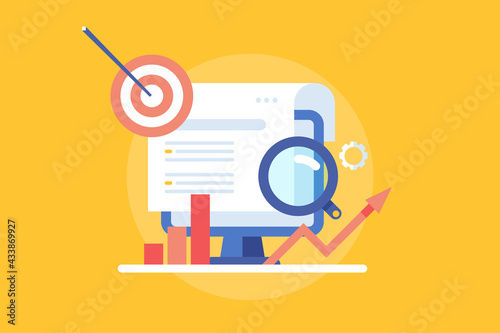 Business growth with search engine optimization, targeting internet audience with effective seo strategy, seo ranking with increasing web traffic arrow. Flat design web banner concept.
